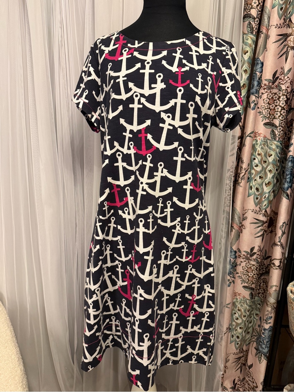 Hatley Navy Anchor Print Midi Dress with Pink Accents